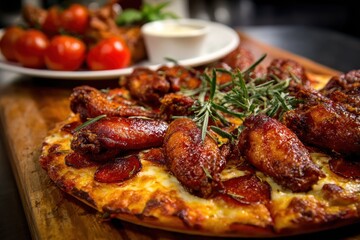 Wings And Pizza. Italian Dinner Delight with Baked Wings and Cheesy Pizza