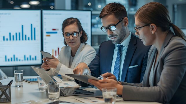 Diverse business team analyzing financial data on screens and tablet in boardroom