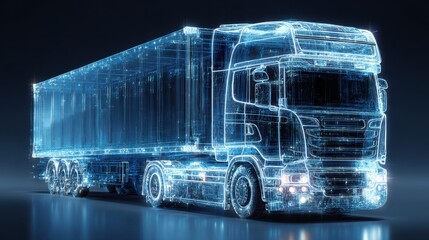 Wire Frame Truck. Front View of Futuristic Cargo Truck in Bright Blue and Black Abstract Background