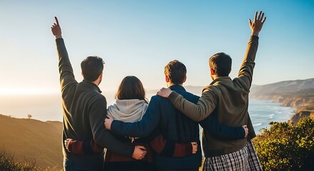 Joyful group of friends celebrating success and camaraderie with raised arms on a breathtaking coastal cliff at sunset, embracing freedom and shared triumph.