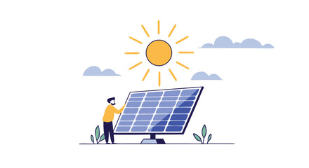 Illustration of a person examining a solar panel under a bright sun, representing renewable energy and sustainability.
