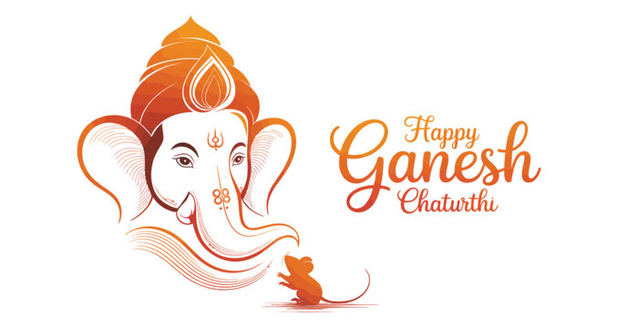 happy ganesh chaturthi greeting with artistic lord ganesha line illustration, mouse symbol, festive message, hindu religious celebration