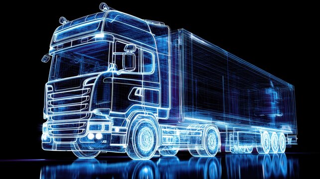 Wire Frame Truck. Futuristic Cargo Truck in Bright Blue and Black Background