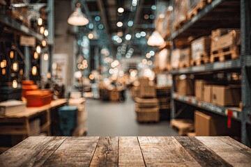 Rustic wooden table top in front of a large warehouse