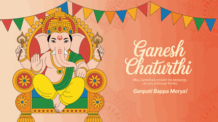 ganesh chaturthi greeting card with lord ganesha illustration, festive flags, blessings message, traditional hindu celebration artwork