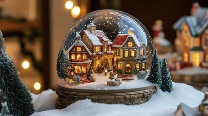 Ornate snow globe with a miniature Christmas village glowing softly on snowy background