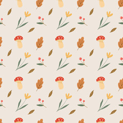 Seamless pattern autumn, autumn fabric, collection of design element with leaves, maple, flower, mushroom and berry for pattern, banner, sticker, Hello autumn card. Hand drawn vector illustration.
