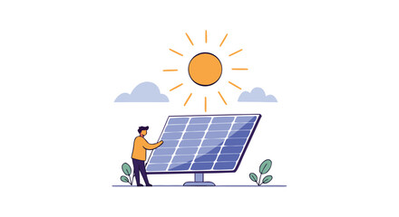 Illustration of a person examining a solar panel under a bright sun, representing renewable energy and sustainability.
