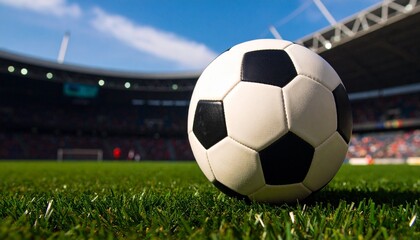 Fototapeta premium Soccer Ball Resting on Vibrant Grass in Front of Large Outdoor Stadium under Clear Blue Sky