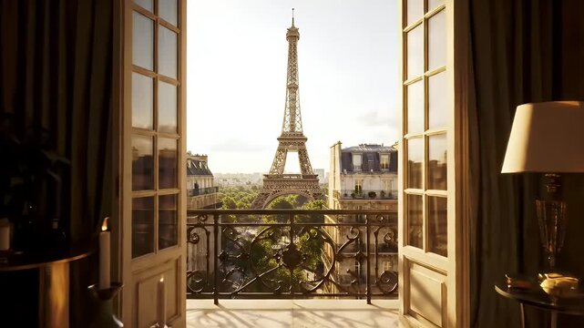 View of the Eiffel Tower from an open balcony in a Parisian apartment, with curtains framing the iconic landmark.