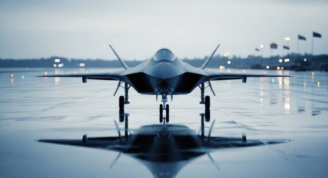 Sleek fighter jet reflected on wet tarmac, runway lights blurred background