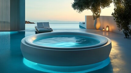 Oval bathtub on a circular rotating platform ultra futuristic concept on modern pool background