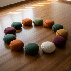 Obraz premium Meditation cushions arranged in circular formation on wooden floor