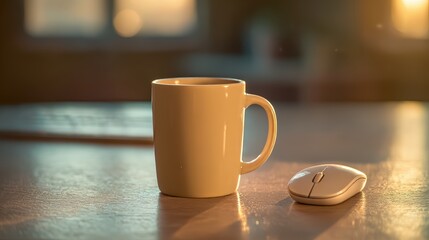 Obraz premium A serene morning scene featuring a steaming white cup beside a computer mouse, bathed in warm sunlight.