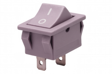 Purple toggle switch showing electrical control positions, studio-lit on transparent backdrop, marking on/off states