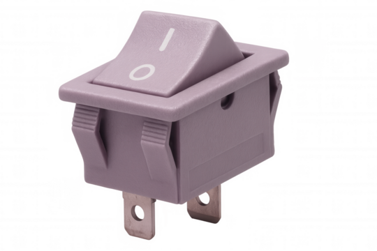 Purple toggle switch showing electrical control positions, studio-lit on transparent backdrop, marking on/off states