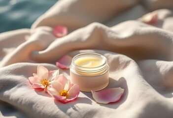 Lip Balm Container With Flower Petals On Linen Cloth