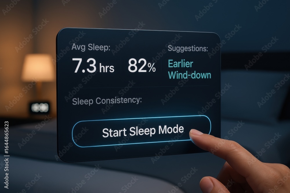 Poster smart sleep assistant display showing sleep duration, consistency and wind-down suggestions