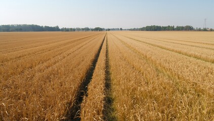 Golden wheat field with tractor tracks on a sunny day