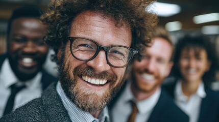 Fototapeta premium Smiling man with glasses up-close surrounded by colleagues