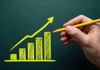 Hand drawing a rising bar graph and upward trending arrow with a yellow pencil on a dark background