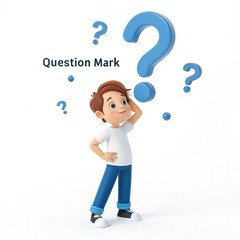 3D Cartoon Boy Standing with Multiple Blue Question Marks Around Him Thinking and Smiling on White Background
