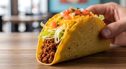 Close-up of a hand holding a delicious crunchy hard-shell taco, generously filled with seasoned meat and fresh toppings.