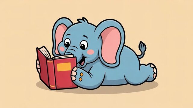 A fun and happy cartoon elephant character with a book illustration with a cute pink heart and a smile