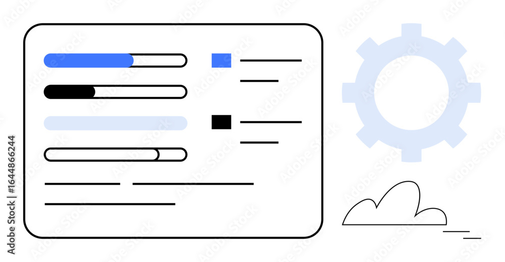 Poster progress bars and list tasks inside dashboard represent project updates. gear, cloud highlight proce