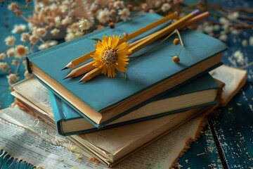 Recycled paper notebooks stacked with pencil and dried flowers in study still life