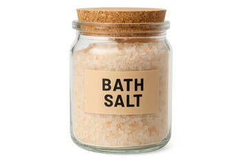 Transparent jar containing relaxing pink bath salt with cork lid