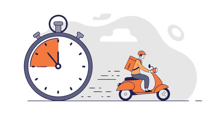 Illustration of a delivery person on a scooter with a stopwatch symbolizing fast delivery service.
