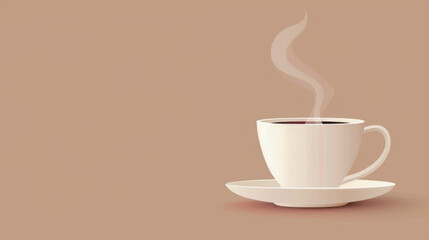 Obraz premium Steaming white coffee cup and saucer with copy space on a warm brown background