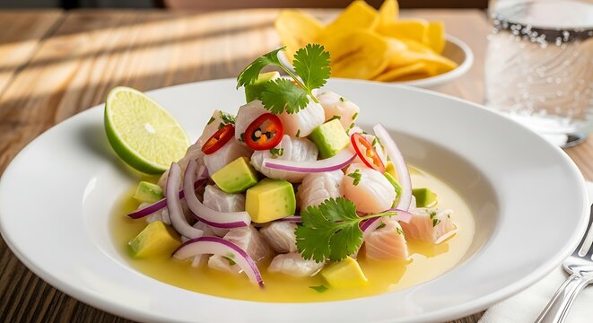 Vibrant and Fresh Peruvian Ceviche with Lime, Avocado, and Cilantro on a Wooden Table