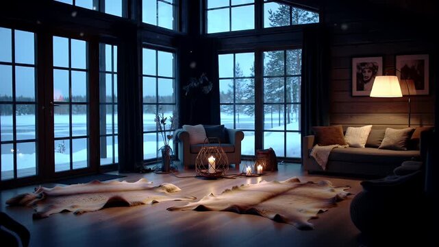 Cozy living room interior with large windows overlooking a snowy landscape, featuring a sofa, armchair, candles, and animal hide rugs under warm lighting.