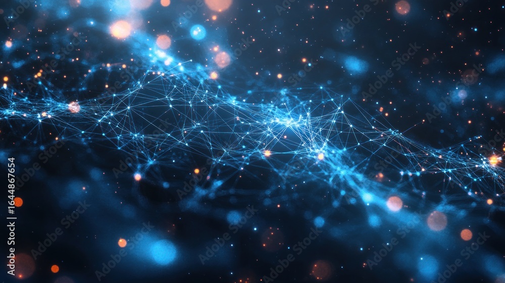 Poster abstract network of glowing points and lines against a dark background.