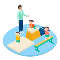 楽しく運動する子供たちと男性の先生のイメージイラスト