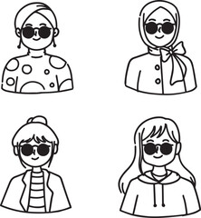 Diverse Women in Sunglasses Line Art Illustration