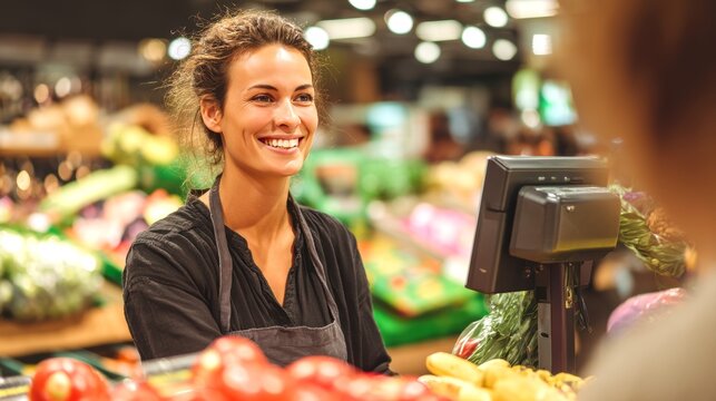 Smiling Female Cashier at Grocery Store with Fresh Produce Display