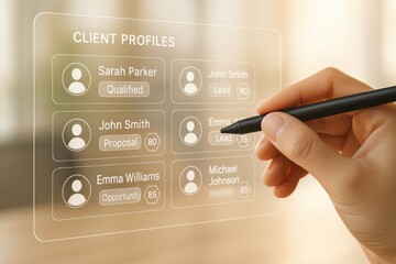 Client Profiles Dashboard with Status Labels and Qualification Scores on Transparent UI
