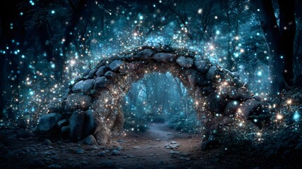 Mystical stone archway in a glowing forest.