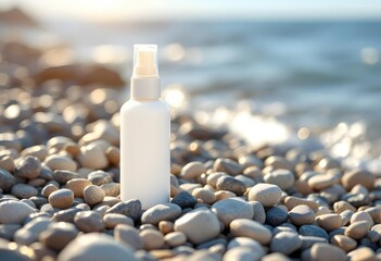 Sunblock Spray Bottle On Pebbles With Soft Sunlight