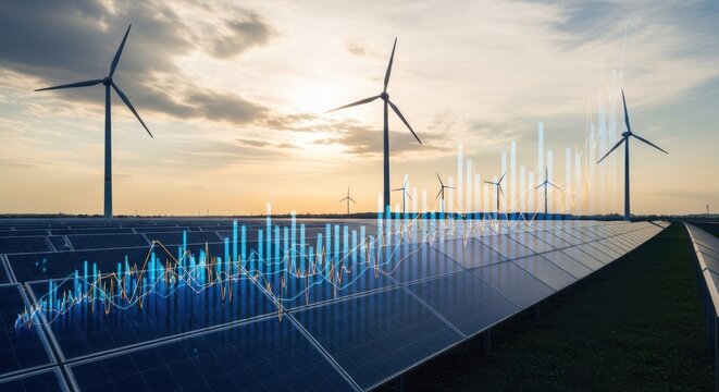 Solar panels and wind turbines with overlaid graph at sunset
