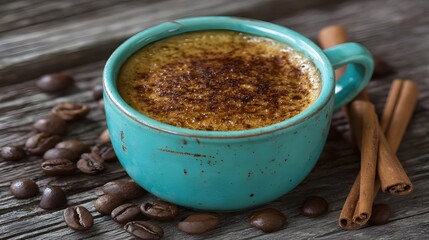 Turquoise coffee cup filled with a spiced coffee drink, surrounded by coffee beans and cinnamon sticks.
