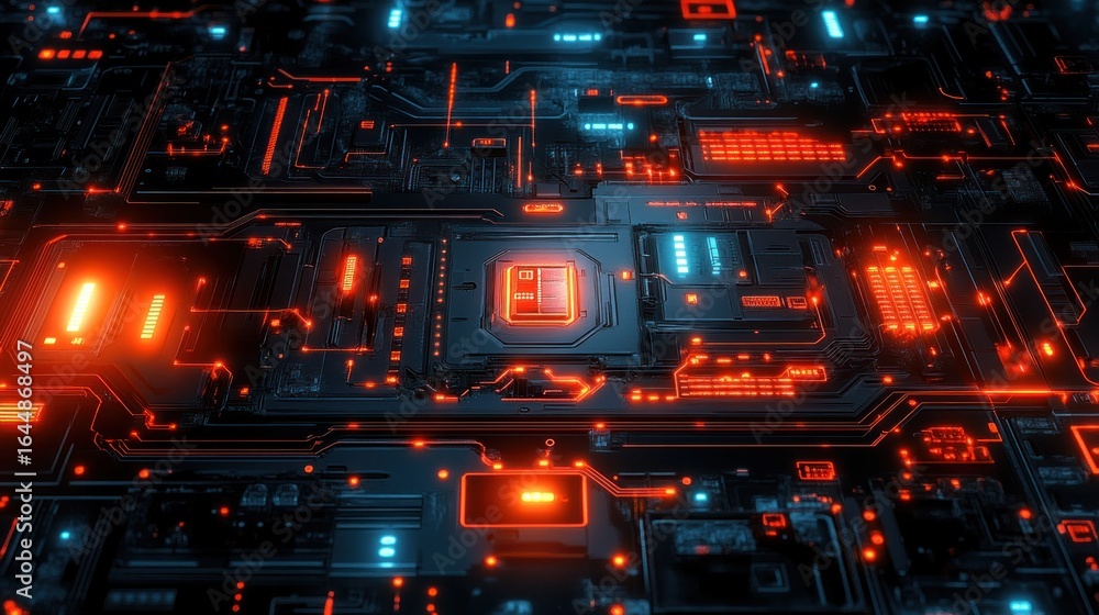 Poster close-up view of a detailed circuit board with glowing components.