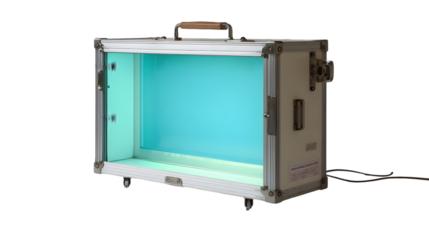 A metal case with a handle and a blue interior stands against a black background in a studio shot