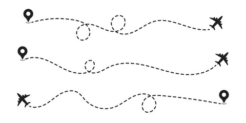 Obraz premium Airplane line path icon of air plane flight route dash line trace with start point. Simple airplane travel line path with map pins. Plane routes dotted paths . eps 10 