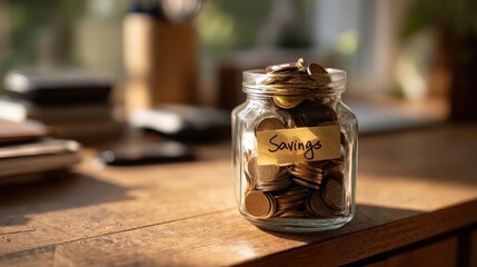 Glass jar filled with coins labeled savings on a wooden table