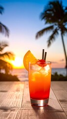 Vibrant sunset mocktail with layered orange and red gradient, served in a tall glass with ice cubes and citrus garnish, perfect for summer drinks and tropical menus.