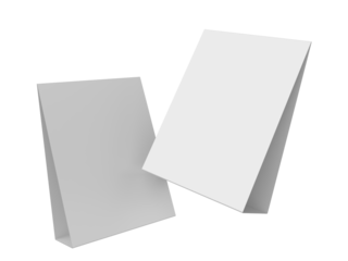 3D realistic mockup of a blank table sign tent card A4 format, isolated on white. Minimal display Ideal for menu, restaurant, cafe, event, promotion, branding, ads, and marketing design presentations